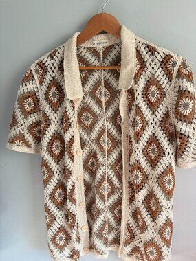 Morse Code Crochet Button-Down Shirt Mens Geometric Granny Square Pattern